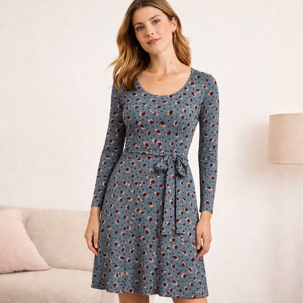 Boden‎ Wrap Dress Petite 2P Blue Floral Jersey Long Sleeve Office Knee Length